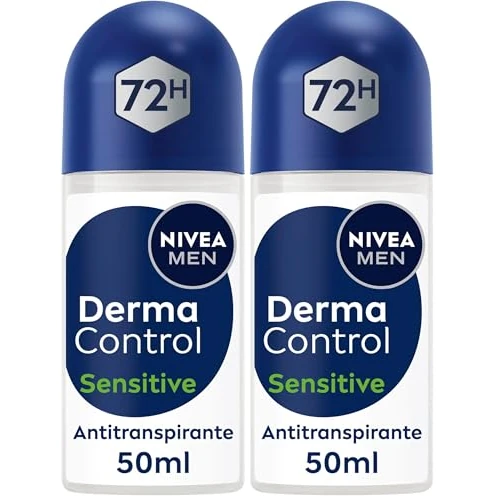 NIVEA Derma Control Sensitive - Desodorante Antitranspirante para Hombre - 72h de Protección contra el Sudor - Ácido Hialurónico y Vitamina E - No Irrita las Axilas - Pieles Sensibles - Roll-on 50 ml