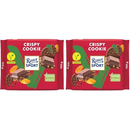 RITTER SPORT Crispy Cookie Vegan, Tavoletta di Cioccolato con Farina di Mandorle, Cacao, Cornflakes e Biscotto, 100 g (Confezione da 2)