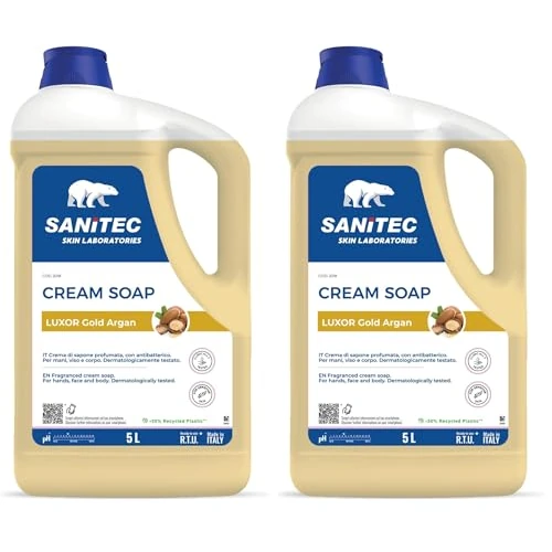 Offerta a tempo: Sanitec, Luxor Gold Argan, Crema di Sapone Profumata Idratante con Glicerina e Antibatterico, Deterge le Mani Lasciandole Fresche e Pulite, pH 5,5, Dermatologicamente Testato, 5L 5000ml - 0% da 28.08 € a 28.08 €