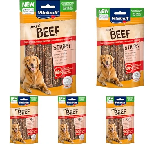 Offerta a tempo: Vitakraft Pure Beef Strips, snack cane, strisce di trippa di manzo, snack per l’addestramento del cane, senza zuccheri aggiunti (1x 80g) (Confezione da 5) - 30% da 19.95 € a 13.95 €