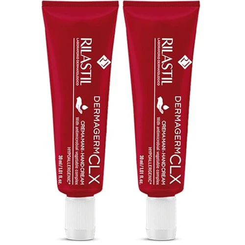 Offerta a tempo: Rilastil Dermagerm CLX Crema Mani 2 in 1 Emolliente e Igenizzante, Nutriente e Protettiva, con Burro di Karità, per Pelle Sensibile, Molto Secche, 30ml (Confezione da 2) - 35% da 7.80 € a 5.04 €