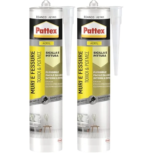 Offerta a tempo: Pattex Sigillante Bianco Muri e Fessure, Acrilico, Verniciabile, per Facciate, Giunti, Fessure, Inodore, Uso Interno, Senza Solventi, Cartuccia da 280 ml (Confezione da 2) - 59% da 18.98 € a 7.80 €