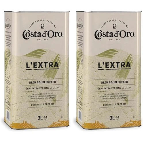 Costa d’Oro – L’Extra 3L. Olio Extravergine di oliva estratto a freddo. Sapore equilibrato, adatto a tutte le ricette e come condimento per insalate. Latta da 3 litri. (Confezione da 2)