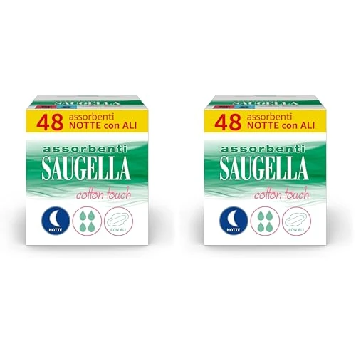 Saugella Assorbenti Cotton Touch Notte, 48 Assorbenti Cotone Notte con Ali, Azione Antibatterica, Antiodore e Lenitiva (Confezione da 2)