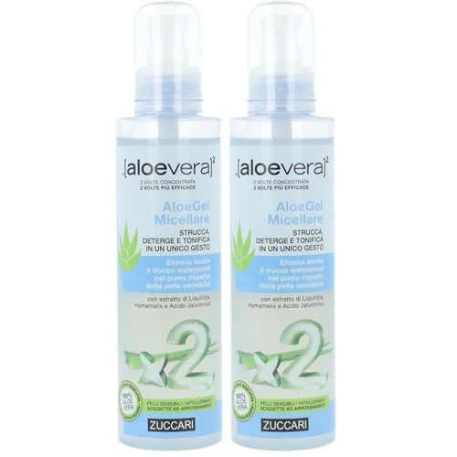 Zuccari Aloevera2 Aloegel Micellare 200ml – Gel micellare 3 in 1 con Aloe Vera, Acido Jaluronico da Aloe e Liquirizia, deterge, strucca e tonifica, ideale per pelli sensibili (Confezione da 2)
