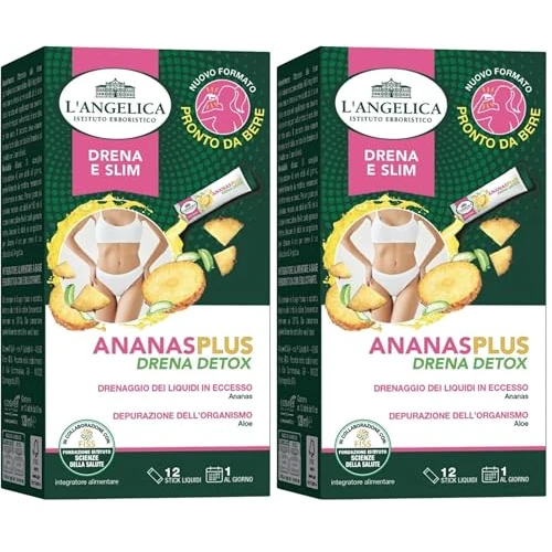L'Angelica Integratore Ananas Plus Drena e Slim, Drenante Detox per Favorire la Depurazione dell'Organismo, Gusto Ananas, 12 Stick Liquidi Pronti da Bere (Confezione da 2)