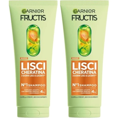 Garnier Fructis Shampoo, Per Capelli Lisci e Lucenti a Lungo, Effetto Anti-Crespo, Trattamento Lisciante alla Cheratina Vegetale e Olio di Argan, Lisci Cheratina, 200 ml (Confezione da 2)
