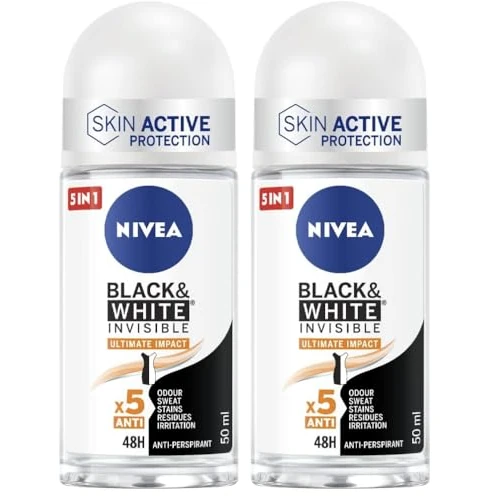 Offerta a tempo: NIVEA Black & White Black Invisible Ultimate Impact Deodorante roll on da 50 ml, Deodorante donna antitraspirante 48h, Formula profumata che regola la traspirazione (Confezione da 2) - 33% da 6.88 € a 4.58 €