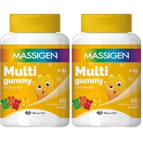 Massigen - Multi Gummy, Multivitaminico per Bambini 4-14 Anni, Vitamine Gommose con Vitamina A, C, E, D, B6, B12 e Acido Folico, 60 Caramelle, Quattro Gusti, Senza Glutine e Lattosio (Confezione da 2)