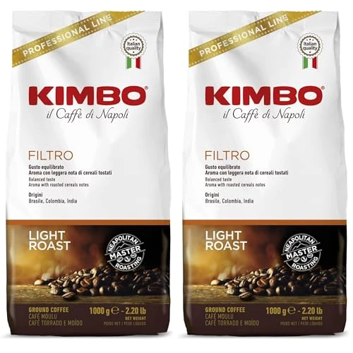 Kimbo, Caffè Filtro Macinato, 1000 gr, Tostatura Chiara, Aroma con Leggera Nota di Cereali Tostati, Gusto Equilibrato (Confezione da 2)