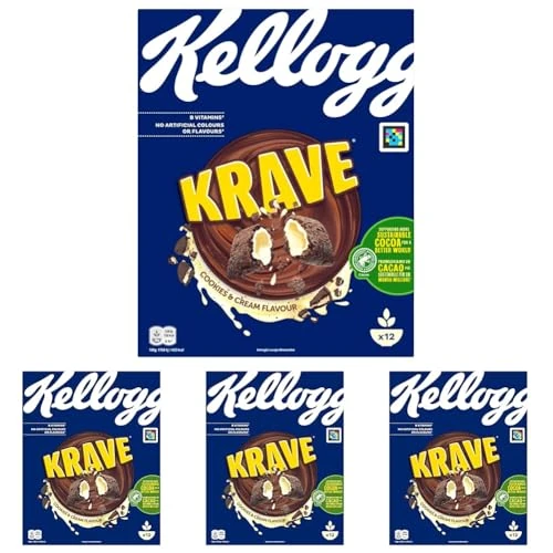Offerta a tempo: Kellogg's Krave Cookies & Cream | Gusto Biscotto e Crema | Cereali per la Colazione | Confezione Singola da 375g (1 x 375g) (Confezione da 4) - 40% da 17.96 € a 10.76 €