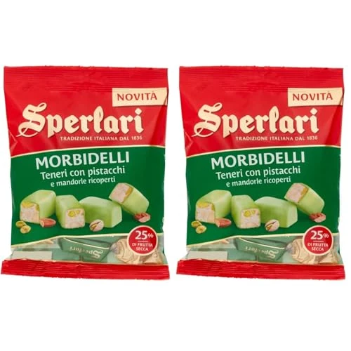 Sperlari - Torroncini Morbidelli Teneri con Pistacchi e Mandorle Ricoperti, Senza Glutine - 117 gr (Confezione da 2)