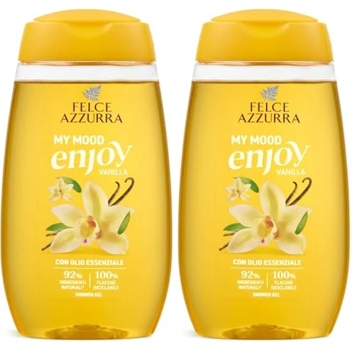 Offerta a tempo: Felce Azzurra - Docciaschiuma MY Mood Enjoy Vanilla, Gel Detergente Idratante Vaniglia Pelle Morbida, Doccia Schiuma Delicato con Oli Essenziali, 92% Ingredienti Naturali, Gel Doccia Riciclabile 250ml - 38% da 5.98 € a 3.70 €