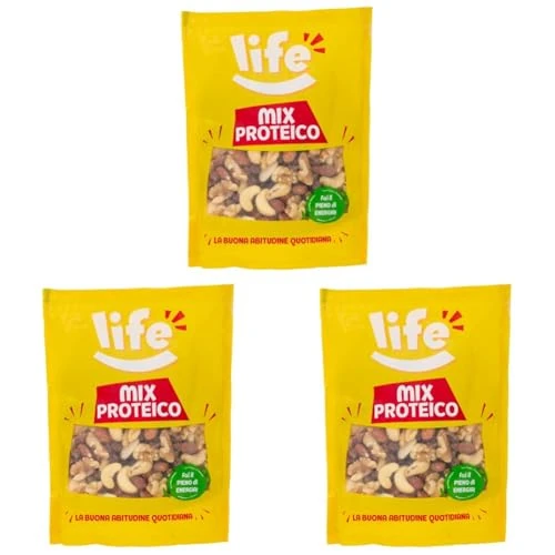 LIFE Mix Proteico Frutta Secca - Mandorle Sgusciate, Anacardi, Noci Sgusciate, Uva Sultanina - Pratica Confezione Apri e Chiudi, Vegano 100% Naturale, Formato Convenienza 300g (Confezione da 3)