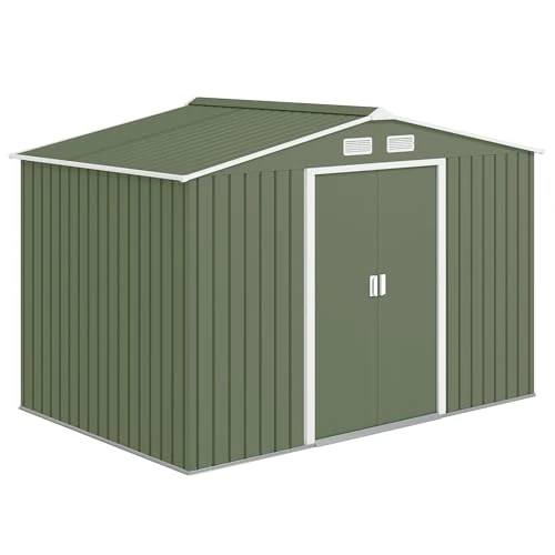 Outsunny Caseta de jardín de 4,9 m² con base, 4 tomas de aire y 2 puertas correderas, cobertizo para herramientas de chapa de acero, 277 x 195 x 192 cm, verde