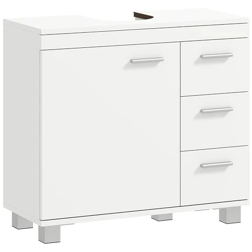 Offerta a tempo: HOMCOM Mobile Sottolavabo per Bagno con Anta Ammortizzata e 3 Cassetti, Mobiletto Sottolavabo con Intaglio a U e Ripiani, Mobile Bagno Moderno e Salvaspazio, Adatto a Lavabi a Colonna o Senza, Bianco - 15% da 77.95 € a 66.44 €