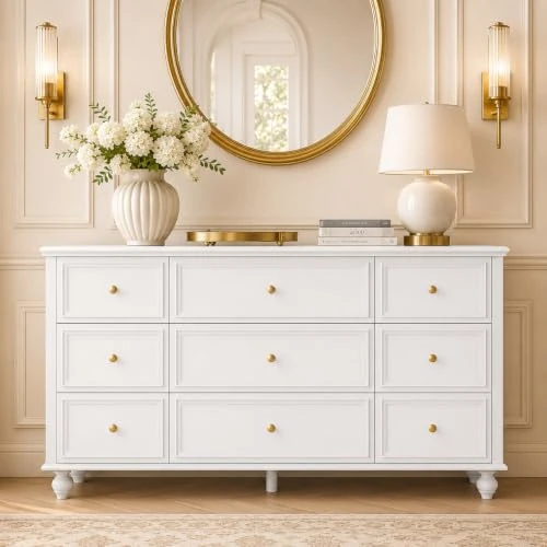 Offre limitée : Buffet de Salon, Commode avec 9 tiroirs, Meuble de Rangement Polyvalent pour Couloir, Chambre et Salon, Blanc, poignées dorées, MDF, 160 × 40 × 80 cm de 299.00 € à 299.00 € (0.00% de remise)