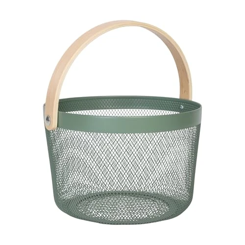 Relaxdays Wire Storage Basket with Handle, Round Metal & Wood, for Utensils in Kitchen, Bathroom, Living Room, 30x27.5x2