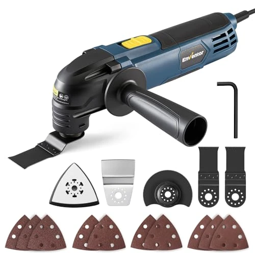 Offerta a tempo: Enventor Utensile multifunzione oscillante, 300W, 15000-22000 OPM, 6 velocità variabili, angolo di oscillazione di 3°, impugnatura ausiliaria, con 17 accessori per taglio, levigatura e raschiatura - 0.00% da 49.99 € a 49.99 €