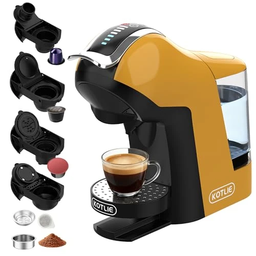 KOTLIE Machine à café multifonctionnelle, compatible avec l'utilisation de capsules et de poudre, 3 températures, 7 niveaux d'eau, réservoir d'eau de 1 l EM-308B (jaune)