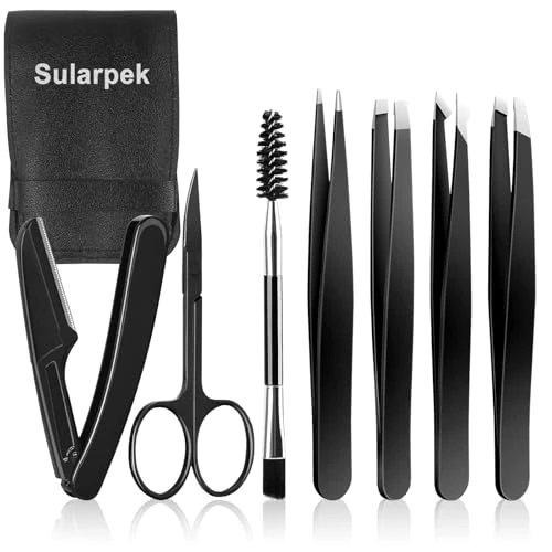 Oferta limitada: Sularpek 7 Piezas Pinzas Depilar Profesionales, Pinzas Profesionales para Cejas para Pelos Faciales, Espinillas y Astillas, Incluye Estuche de Cuero,Negro de 7.49 EUR a 7.49 EUR (ahorro 0%)