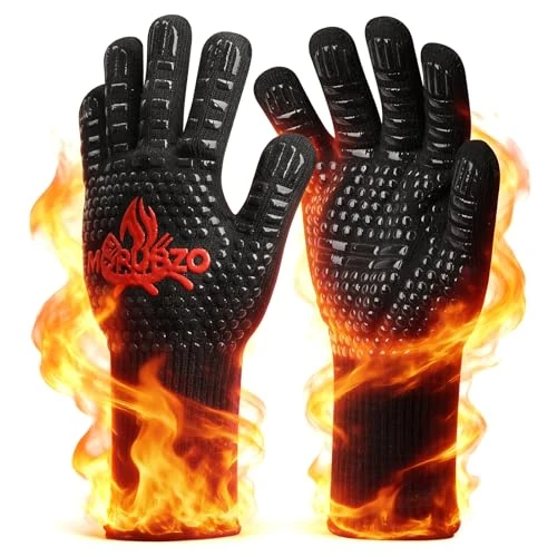 Grillhandschuhe Hitzebeständig bis 800°C, Feuerfest Ofenhandschuhe Topfhandschuhe Kochhandschuhe Backhandschuhe Backofenhandschuhe, für Ofen, Küche, BBQ, Kochen, Schwarz