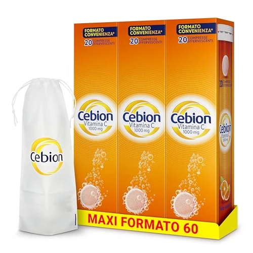 Offerta a tempo: Cebion Vitamina C 1000 mg Effervescente Arancia,Supporta il Sistema Immunitario e il Metabolismo Energetico, 60 Compresse, Integratore Alimentare + portaombrelli - 43% da 44.90 € a 25.62 €