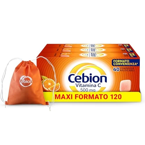 Offerta a tempo: Cebion Vitamina C 500 mg Masticabile Arancia, Supporta il Sistema Immunitario e il Metabolismo Energetico, 120 Compresse, Integratore Alimentare​ + sacca da palestra - 40% da 44.90 € a 26.99 €