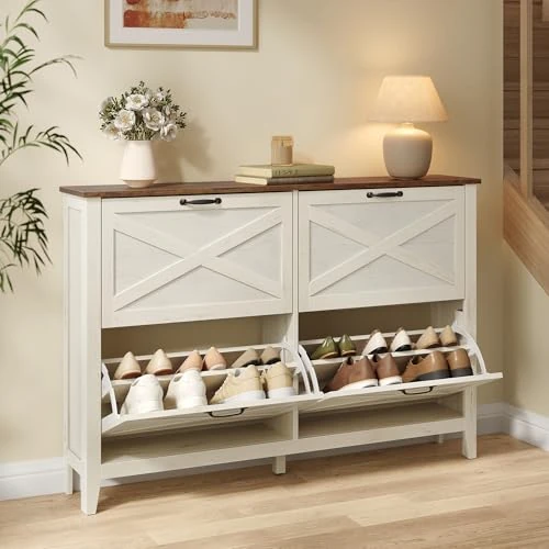 Offerta a tempo: VASAGLE LIRY Collezione - Scarpiera con 4 Scomparti a Ribalta, Scarpiera Ingresso Slim, Stile Farmhouse, per 20-24 Paia di Scarpe, Bianco Vintage e Marrone Miele HSC401W101 - 15% da 112.99 € a 96.04 €