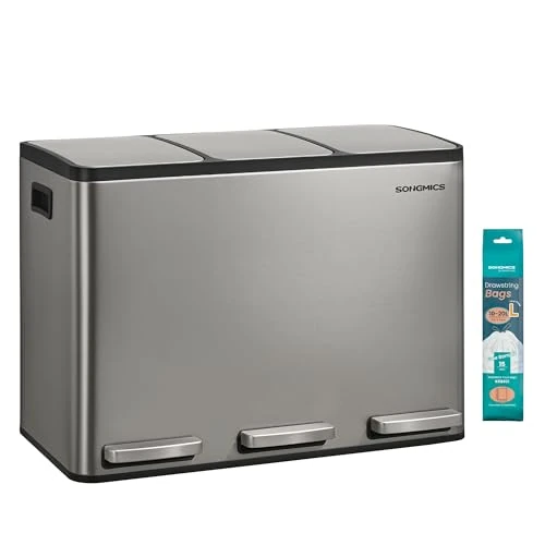Limited-time offer: SONGMICS 3 x 4 Gallon (3 x 15 L) Kitchen Bin, 3-Compartment Recycling Bin with 15 Rubbish Bags, Removable Inner Buckets, Lid, Handles, Soft Close, Stainless Steel, Silver LTB145EZ01 from 59.99 £ to 59.99 £ (save 0.00%)