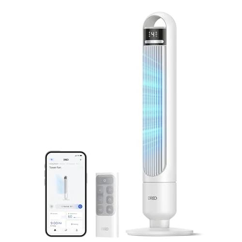 DREO Smart torenventilator voor de slaapkamer, stille staande ventilator met 28 dB, luchtbereik tot 8,8 m, 4 standen en 3 modi, timer van 8 uur, app, Alexa en Google, 90° oscillatie, voor thuis