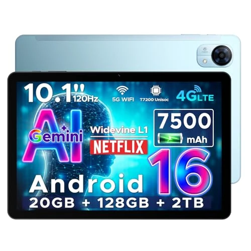 DOOGEE Tablet G5 Android 16 z tabletem Sim, tabletem 10 cali Gemini AI, 20GB+128GB/2TB i T7200 Octa Core, 7500 mAh, IPS HD 120 Hz i ultracienki, 2 głośniki/Widevine L1/8MP+5MP/Face ID/GPS-niebieski