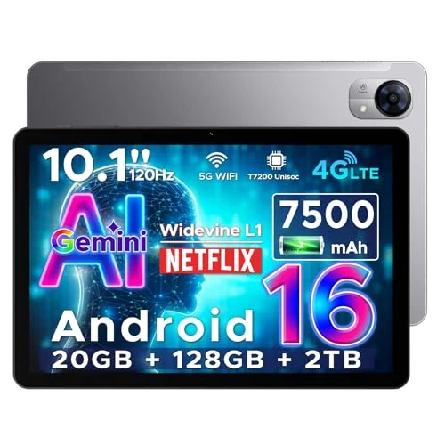 DOOGEE Tablet G5 Android 16 z tabletem Sim, tabletem 10 cali Gemini AI, 20GB+128GB/2TB i T7200 Octa Core, 7500 mAh, IPS HD 120 Hz i ultracienki, 2 głośniki/Widevine L1/8MP+5MP/Face ID/GPS-szary