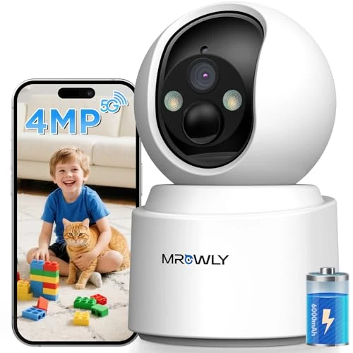 Mrowly 4MP 2.5K Telecamera WiFi Interno Senza Fili con Batteria 6000mAh, 360° Rotazione, 2.4G/5G WiFi, PIR Rilevamento Movimento, Visione Notturna a Colori, Audio Bidirezionale