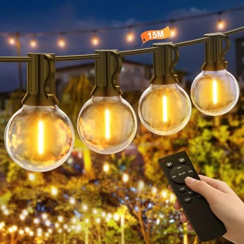 Offerta a tempo: BokiHuk Catena di Luci per Esterno, 15M Dimmerabile Catena Luminosa da Esterno con Telecomando, LED Luci per Gazebo con 25+1 G40 Lampadine per Giardino, Terrazze, Campeggio, Balcone, Giardini - 17% da 35.99 € a 29.99 €
