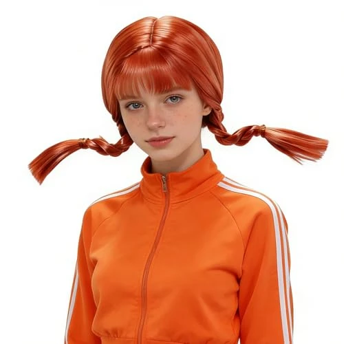 Maskworld Costume Pippi Calzelunghe Donna, Parrucca Ragazza Divertente con 2 Treccine, Arancione, Capelli Sintetici, Parrucca Adatto per Halloween, Natale, Carnevale, Feste e Raduni