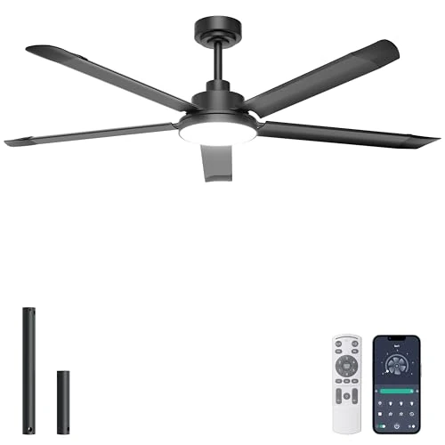 Offre limitée : Ohniyou Ventilateur de plafond de 152 cm avec éclairage, Grand ventilateur de plafond de style industriel, télécommande/app, 5 pales en aluminium, moteur CC silencieux pour salon terrasse garage, noir de 169.99 € à 169.99 € (0.00% de remis