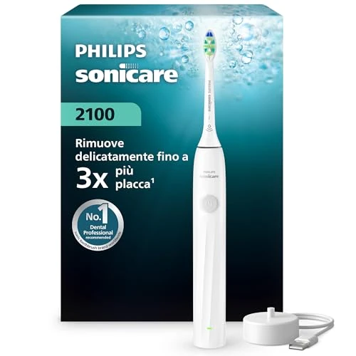 Offerta a tempo: Spazzolino elettrico Philips Sonicare Serie 2100 - Spazzolino sonico con 2 livelli d'intensità, funzionalità EasyStart, SmarTimer, 14 giorni di autonomia, bianco, modello HX4021/01, [Nuovo] - 29% da 34.99 € a 24.99 €