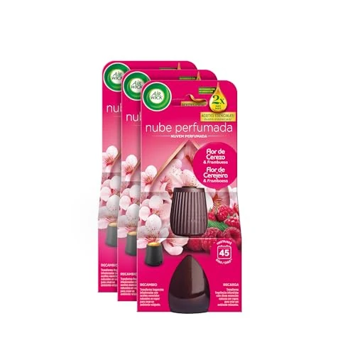 Air Wick Essential Mist - 3 Recambios para ambientador difusor de aceites esenciales con aroma a Flor de Cerezo y Frambuesa infusionado con 2 veces más aceites esenciales