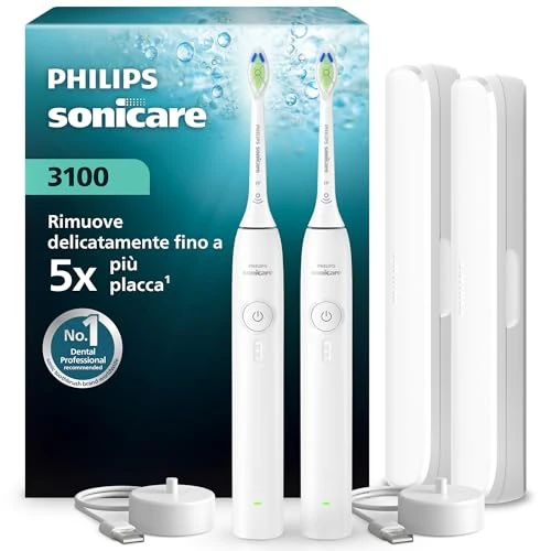 Philips Sonicare Series 3000 Elektrische Zahnbürste – Schallzahnbürste mit Drucksensor, 3 Intensitäten, EasyStart, SmarTimer, 14 Tage Laufzeit, Reiseetui, Weiß, 2er-Pack, HX4072/41, [Neu]