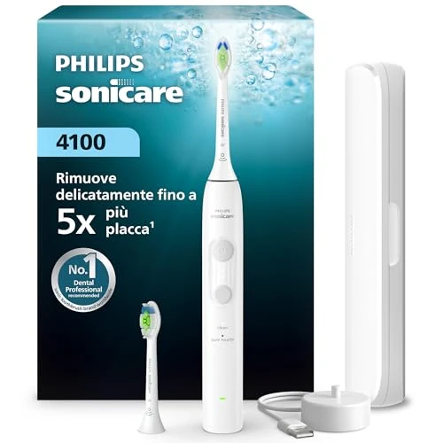 Offerta a tempo: Spazzolino elettrico Philips Sonicare Serie 4100 - Spazzolino sonico con sensore di pressione, 4 impostazioni, EasyStart, SmarTimer, autonomia 21 giorni, custodia, bianco, HX4044/41, [Nuovo] - 27% da 74.99 € a 54.99 €
