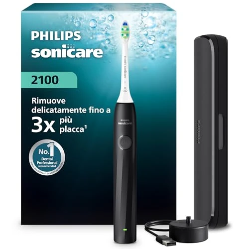 Brosse à dents électrique sonique Philips Sonicare série 2000 – 2 niveaux d’intensité, EasyStart, SmarTimer, 14 jours d’autonomie, étui de voyage, coloris noir, modèle HX4023/02, [Nouveau]