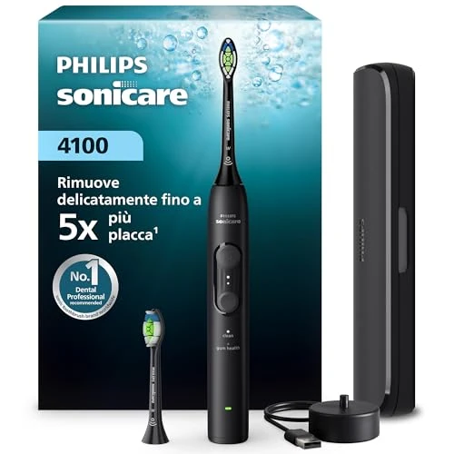Philips Sonicare 4000 Series Elektrische Tandenborstel – Sonische Tandenborstel met Druksensor, 4 Poetsstanden, EasyStart, SmarTimer, 21 dagen Gebruiksduur, Reisetui, Zwart, HX4044/52, [Nieuw]