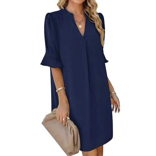 Offerta a tempo: AUSELILY Vestito Donna Elegante Estivo Copricostume Donna Mare Scollo a V Maniche Corte Abito Leggero Arioso Casual Spiaggia Vestito con Tasche Blu Navy M - 31% da 36.99 € a 25.49 €