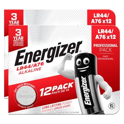 24 pilas Energizer de botón LR44 de pilas alcalinas A76 de 1,5 V de larga duración para termómetros digitales, calculadoras y relojes de pulsera, mantienen la carga durante 3 años