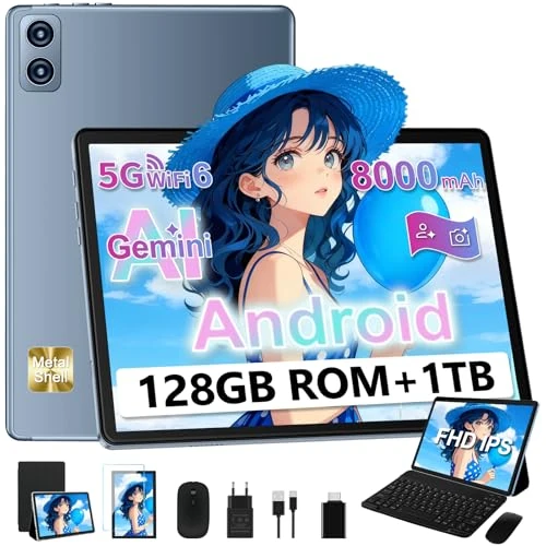 Dghrti 2025 Newest Tablet 10 Zoll Android 14, 22 GB RAM + 128 GB ROM/TF 1 TB, 8-core 2.0 GHz, 8000 mAh, UFS 2.1 Flash, Metallgehäuse, 8+5 MP, Widevine L1, mit Tastatur und Maus, Grau