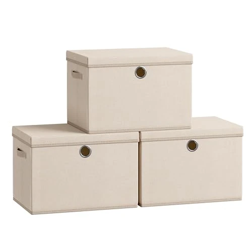 Offerta a tempo: SONGMICS Scatole Portaoggetti con Coperchio, Set di 3 Contenitori in Tessuto, Pannelli Interni in PP Inodori, Pieghevoli e Impilabili, Maniglie, 43 x 30 x 30 cm, Beige Sabbia RFB545LF01 - 42% da 34.99 € a 20.18 €