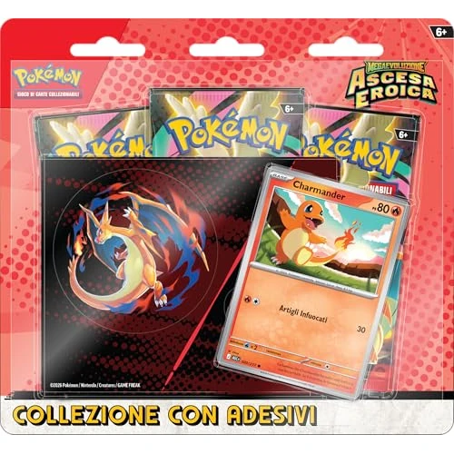 Pokémon: collezione con adesivi (Charmander) dell’espansione Scarlatto e Violetto - Ascesa Eroica del GCC Pokémon (una carta promozionale olografica e tre buste di espansione)