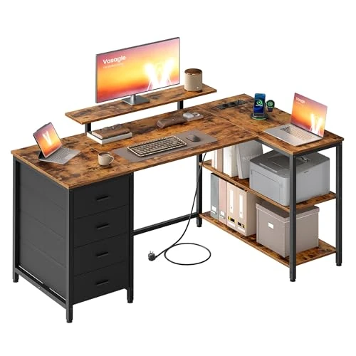 Oferta limitada: VASAGLE Escritorio Esquinero en L con Enchufes, Escritorio Gaming, Diseño Reversible, Estantes Ajustables, 4 Cajones, 2 Puertos USB, Estudio, Oficina, 140 x 80 cm, Marrón Rústico LWD172KD01 de 99.99 € a 99.99 € (ahorro 0.00%)