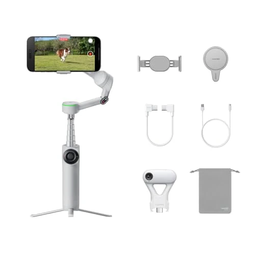 Insta360 Flow 2 Pro Smartphone-Gimbal-Stabilisator für iPhone, Android, KI-Tracking, Aufhelllicht, integr. Selfie Stick & Stativ, Vlogging, Reisen, Familie, Sport - Ultimatives KI-Tracker-Bundle Grau